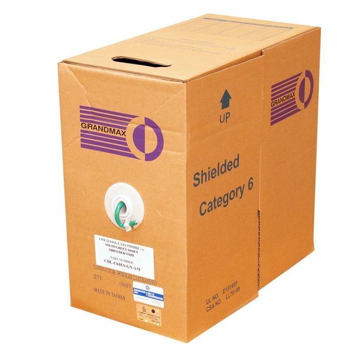 Grandmax CAT6 550MHz Shielded Solid Bulk Cable, 1000ft, STP Pull Box, CMR Rated, 100% Pure Copper, Multiple Colors... N43