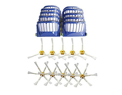 Iautomatic 10 x Aero Vac Filter & 5 3-Armed + 5 6-Armed Side Brush for iRobot Roomba 500 600 Series 536 550 551...
