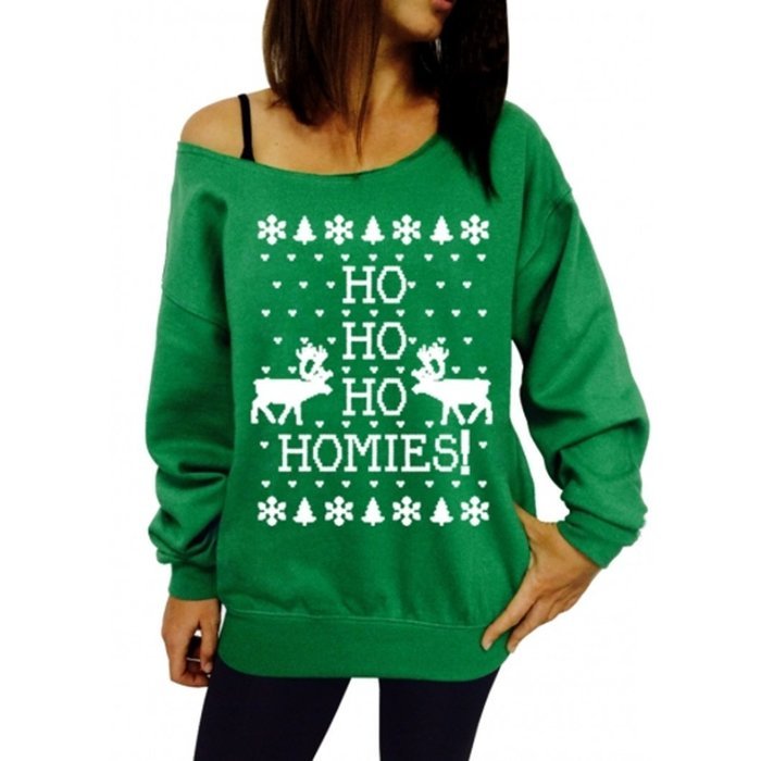 Xmas Pullover Shirt,Morecome Womens Christmas Printing Off Shoulder Sweatshirt (XL, Green) N17