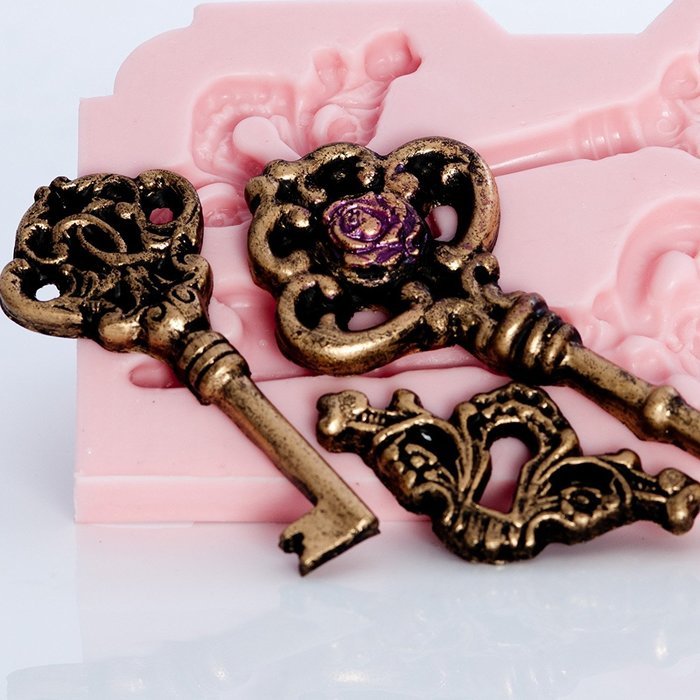 Victorian Rose Skeleton Key Silicone Mold, Food Safe Wedding Cake Decorating with Fondant, Chocolate, Candy, Craft... N4