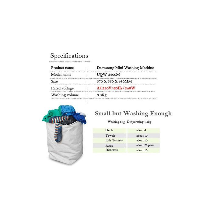 Daewoong Portable Mini Washing Machine UQW-3800M 240W Easy Speedy Convenience N3
