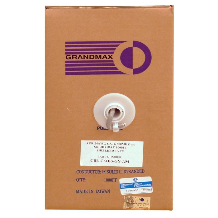 Grandmax CAT6 550MHz Shielded Solid Bulk Cable, 1000ft, STP Pull Box, CMR Rated, 100% Pure Copper, Multiple Colors... N54