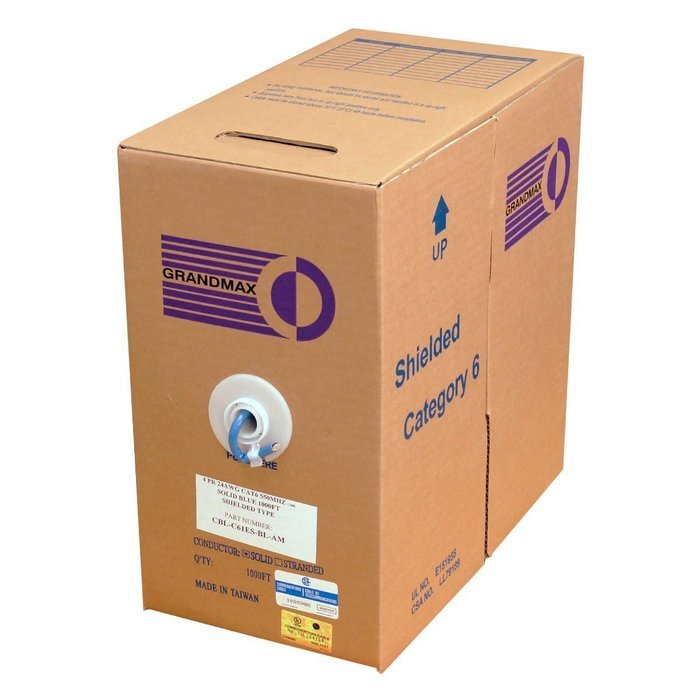 Grandmax CAT6 550MHz Shielded Solid Bulk Cable, 1000ft, STP Pull Box, CMR Rated, 100% Pure Copper, Multiple Colors... N57