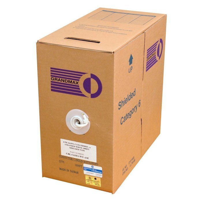 Grandmax CAT6 550MHz Shielded Solid Bulk Cable, 1000ft, STP Pull Box, CMR Rated, 100% Pure Copper, Multiple Colors... N60