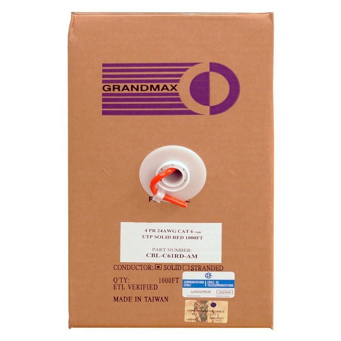 Grandmax CAT6 550MHz Shielded Solid Bulk Cable, 1000ft, STP Pull Box, CMR Rated, 100% Pure Copper, Multiple Colors... N61