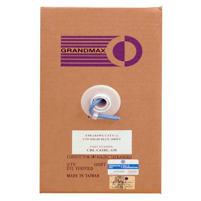 Grandmax CAT6 550MHz Shielded Solid Bulk Cable, 1000ft, STP Pull Box, CMR Rated, 100% Pure Copper, Multiple Colors... N62