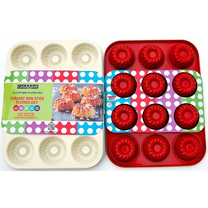casaWare Ceramic Coated Non-Stick 12 Cup Mini Fluted Cake Pan (Cream/Blue) N2