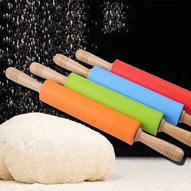 Sher 10'' Silicone Rolling Pin Dia.5.3cm x L 48cm Food Safe Silicone Material and Wooden Handle Random Colors N2