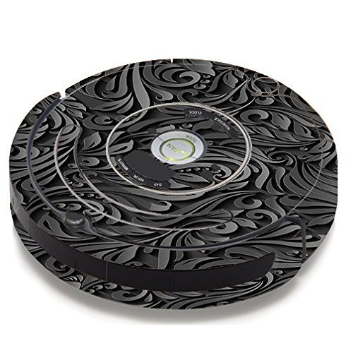 Skin Decal Vinyl Wrap For IRobot Roomba 650 655 Vacuum / Black Flowers Floral Pattern