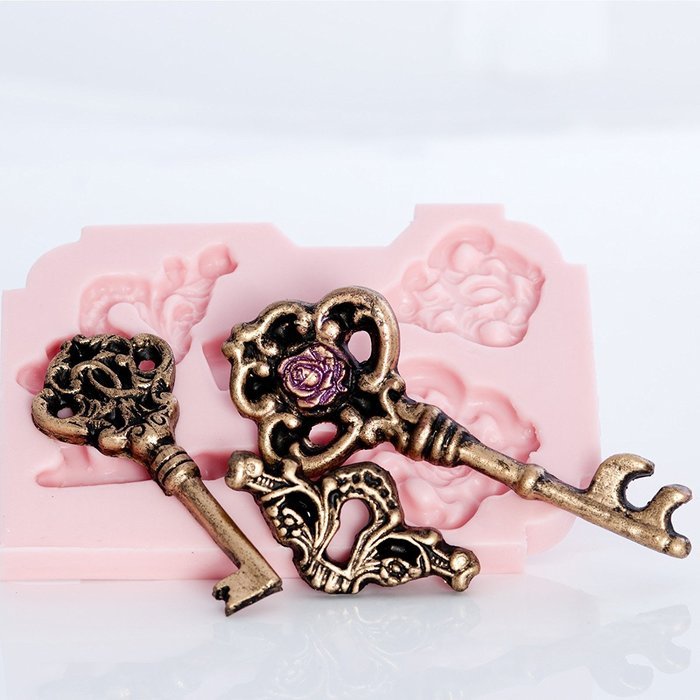 Victorian Rose Skeleton Key Silicone Mold, Food Safe Wedding Cake Decorating with Fondant, Chocolate, Candy, Craft... N6