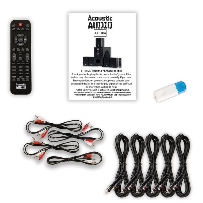 Acoustic Audio AA5104 Home Theater 5.1 Speaker System with USB Bluetooth and 5 Extension Cables N2