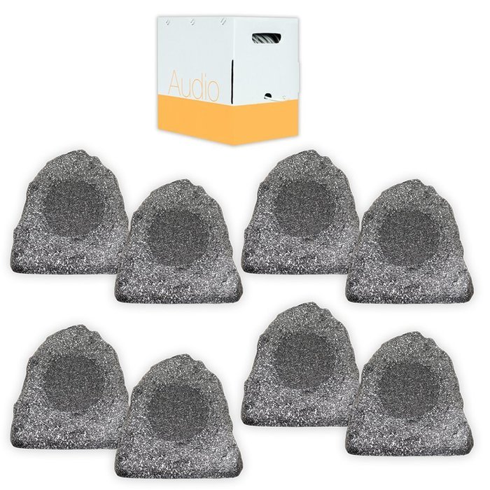 Theater Solutions 8R4G Outdoor Granite Rock 8 Speaker Set with Wire for Deck Pool Spa Patio Garden