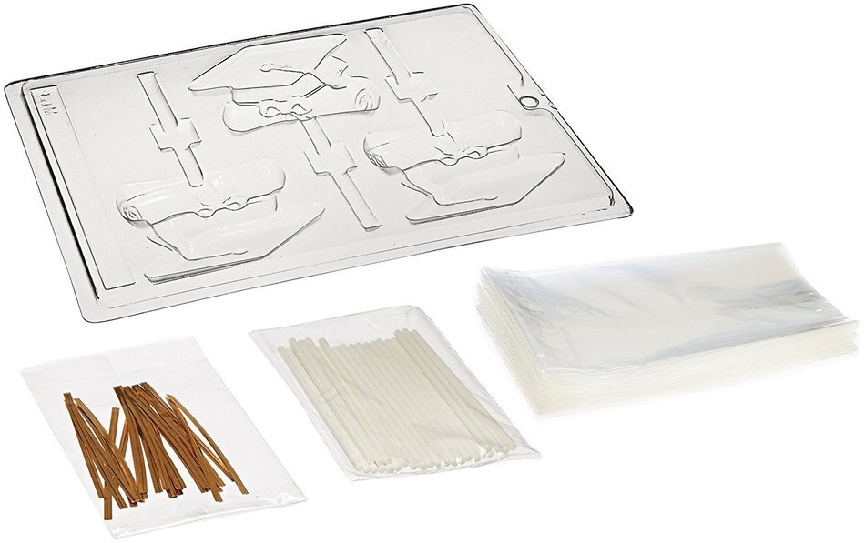Cybrtrayd 45St50-M069 Cap & Diploma Lolly Chocolate Candy Mold with 50 Cybrtrayd 4.5" Lollipop Sticks N2