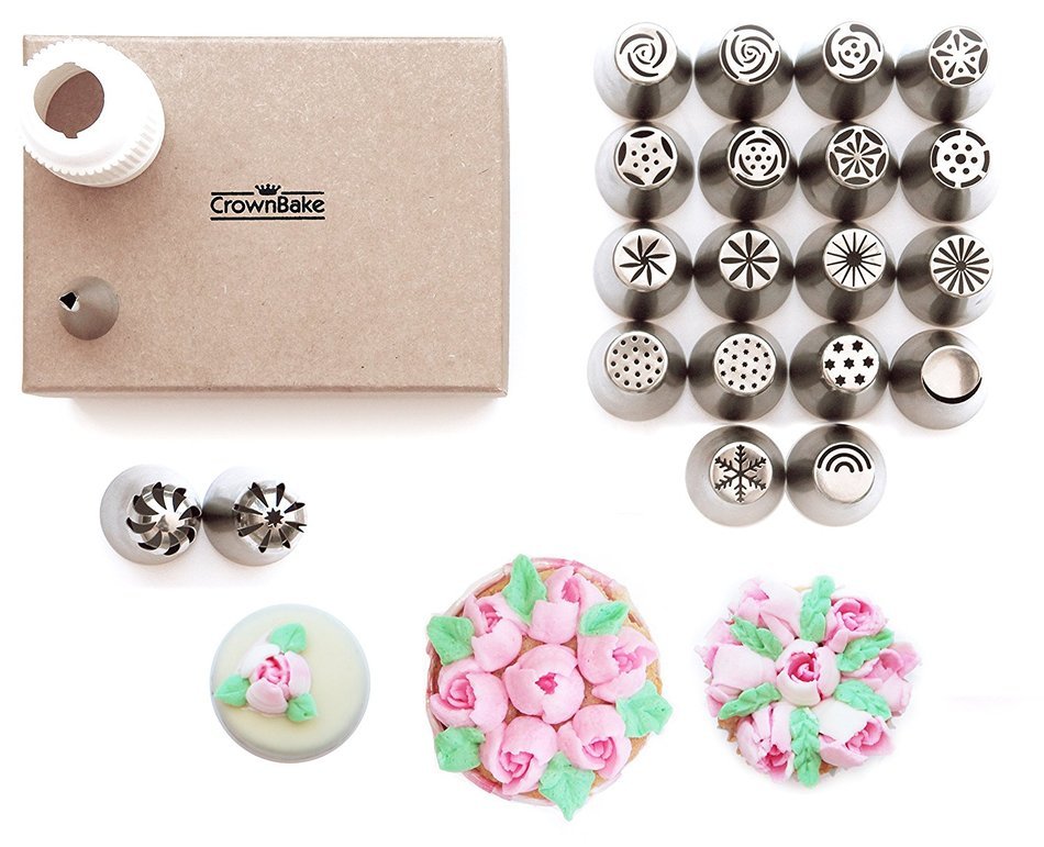 CrownBake DELUXE Russian Piping Tips 32 Pcs (2 XLarge Sphere Ball Nozzles, New SNOWFLAKE Tip , Large Coupler,... N3