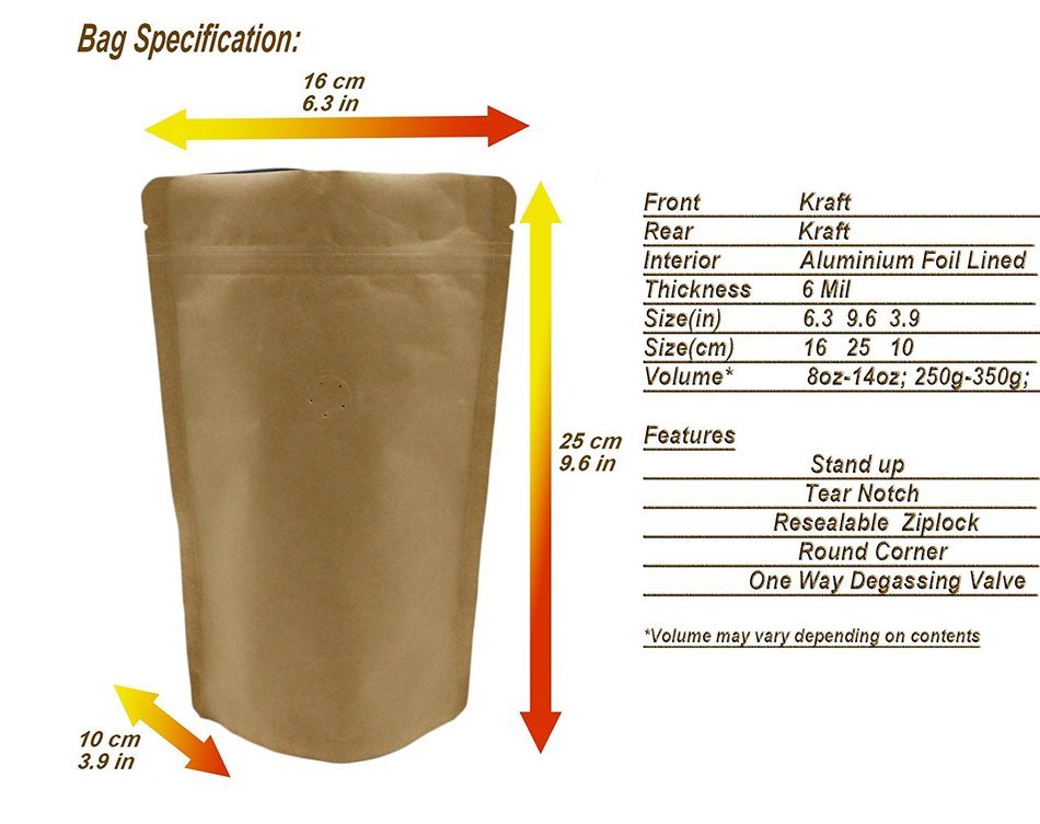 250g 8oz 1/2lb Kraft Paper Stand up Zipper Pouches Coffee Bags Coffee Pouches with Valve (Pack of 10) N4