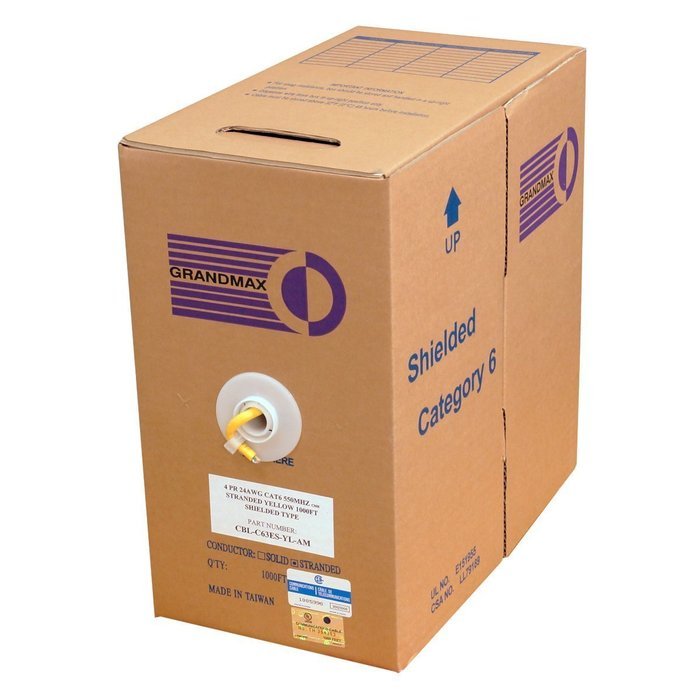 Grandmax CAT6 550MHz Shielded Solid Bulk Cable, 1000ft, STP Pull Box, CMR Rated, 100% Pure Copper, Multiple Colors... N73
