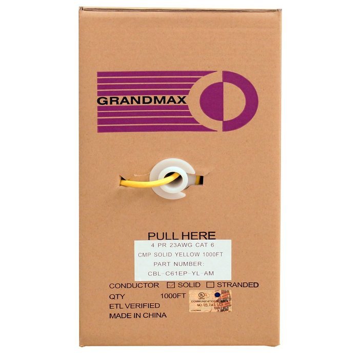 Grandmax CAT6 550MHz Shielded Solid Bulk Cable, 1000ft, STP Pull Box, CMR Rated, 100% Pure Copper, Multiple Colors... N74