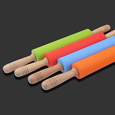 Sher 10'' Silicone Rolling Pin Dia.5.3cm x L 48cm Food Safe Silicone Material and Wooden Handle Random Colors N3