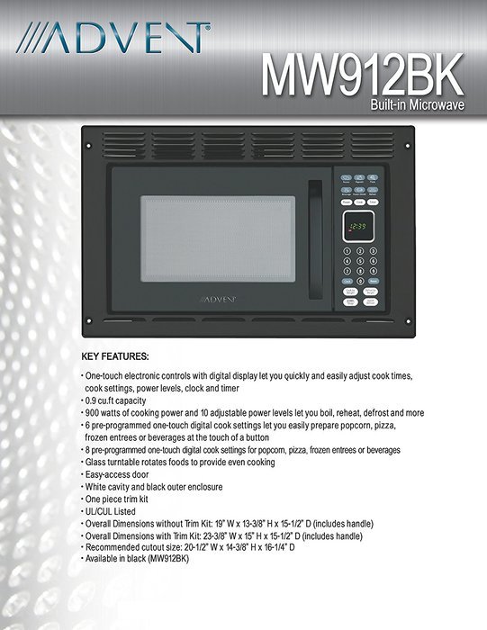 Advent MW912BK Black Built-in Microwave Oven with Trim Kit specially built for RV Recreational Vehicle, Trailer... N2