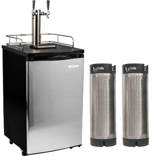 Edgestar Ultra Low Temp Home Brew Dual Tap Kegerator with Kegs - Black and Stainless Steel N2