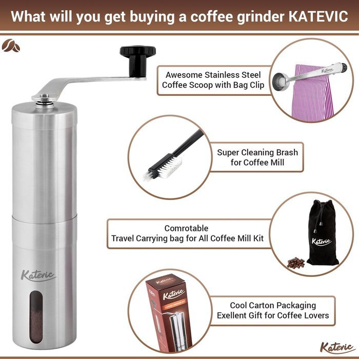 Katevic Manual Coffee Grinder with Adjustable Ceramic Burr, Ebook, Brush, Spoon and Carry Bag N6