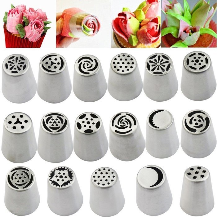 DDbest Russian Piping Tips 18 Pcs/SET - 17 Russian Tips+1 Tri-color Coupler - 304 Stainless Steel Large Size Icing... N3