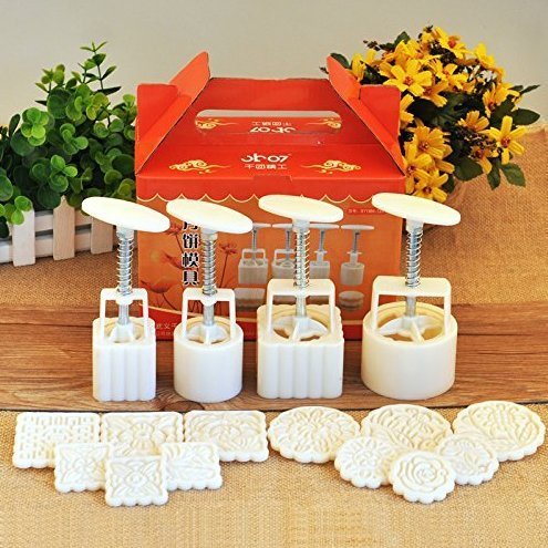 LMS Party Moon Cake Mold - 12 Stamps and 4 Sets - Mid Autumn Festival DIY Decoration - 50g/100g - White N4