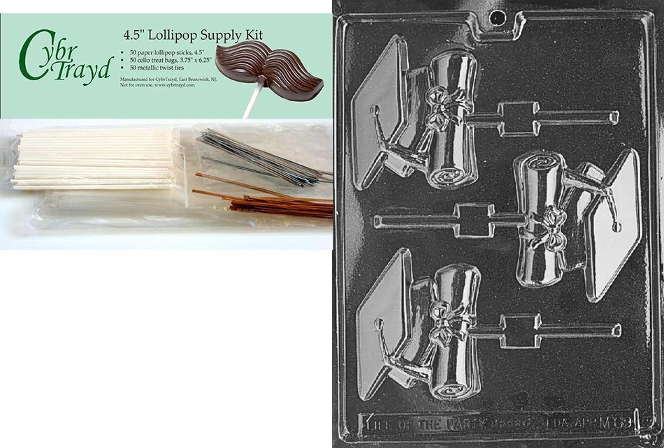 Cybrtrayd 45St50-M069 Cap & Diploma Lolly Chocolate Candy Mold with 50 Cybrtrayd 4.5" Lollipop Sticks N3