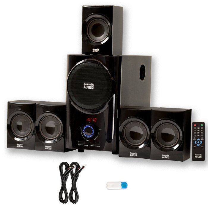 Acoustic Audio AA5160 Home Theater 5.1 Speaker System with USB Bluetooth FM and 2 Extension Cables