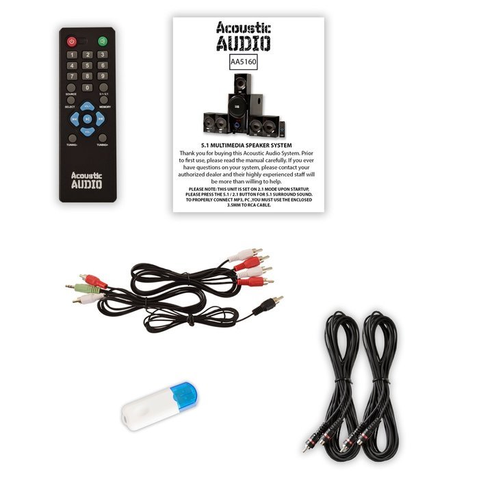 Acoustic Audio AA5160 Home Theater 5.1 Speaker System with USB Bluetooth FM and 2 Extension Cables N2