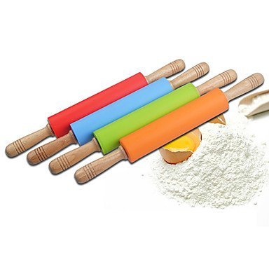 Sher 10'' Silicone Rolling Pin Dia.5.3cm x L 48cm Food Safe Silicone Material and Wooden Handle Random Colors N4