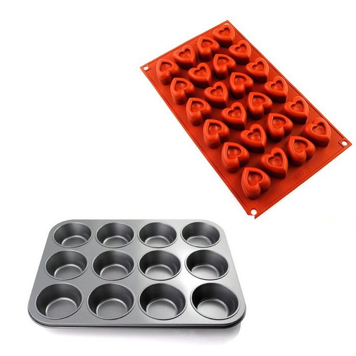 2win2buy 12-Cup Bakeware Muffin Pan Non-stick Carbon Steel Baking Pudding Cookie Mold + Heart-shaped Chocolate...