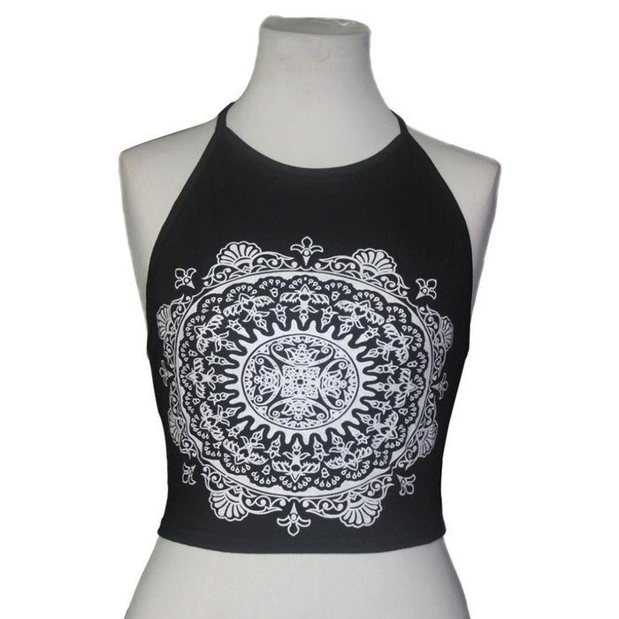 PHOTNO Womens Mandala Print Sleeveless Halterneck Tank Crop Tops Vest Blouse T-Shirt N3
