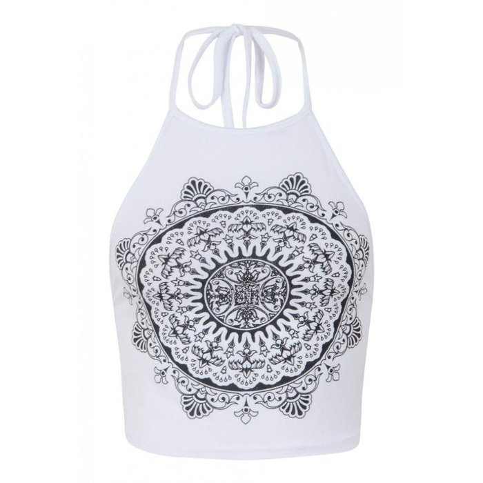 PHOTNO Womens Mandala Print Sleeveless Halterneck Tank Crop Tops Vest Blouse T-Shirt N5