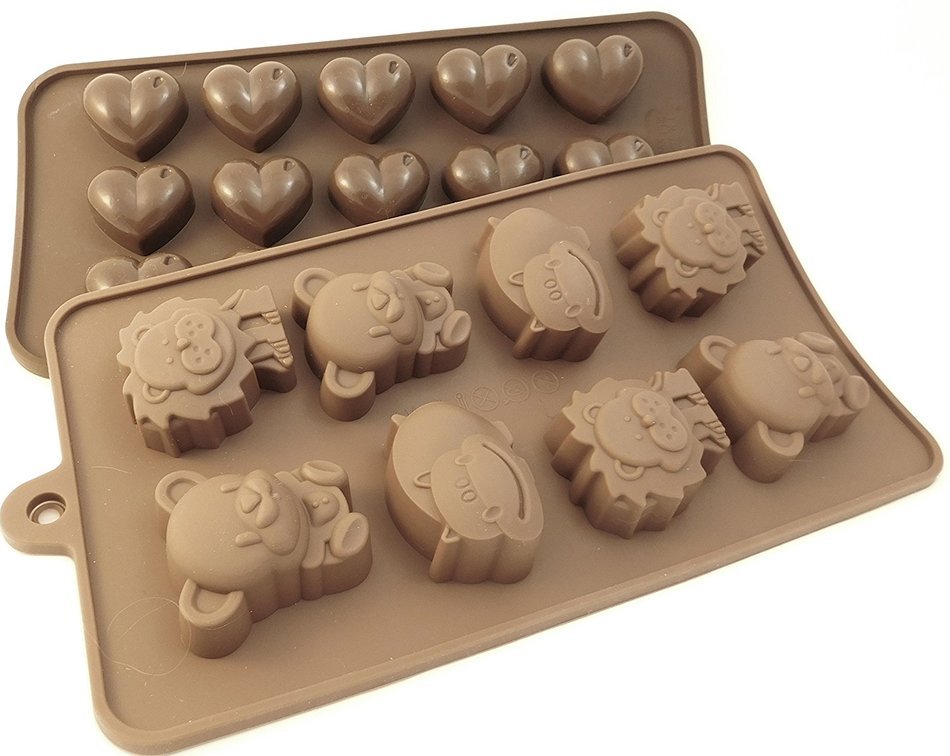 Set 2 silicone Chocolate Candy Molds; 1 Hearts mold and 1 mold of Hippos/Lions/Bears. Ice cubes, Candies, Gummies... N2