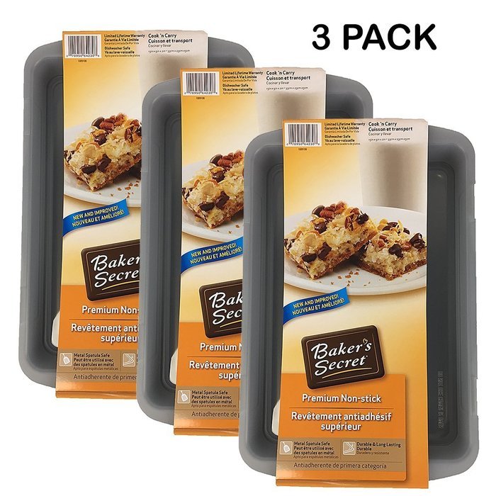 3 Pack of Baker's Secret Premium Nonstick 13"x9 " Cook 'N Carry Cake Pan with Lid N4