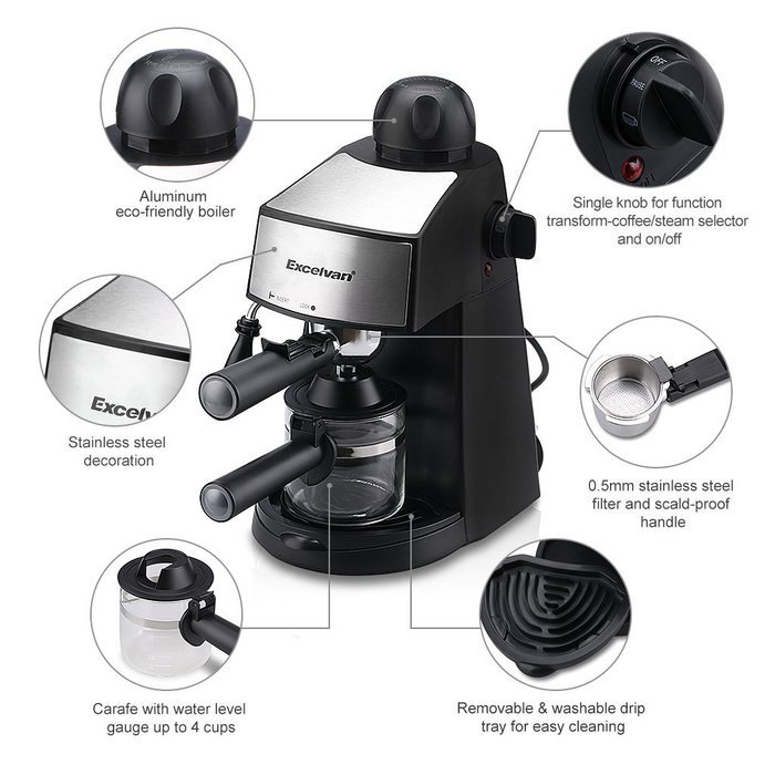 Excelvan CM6811 Steam Espresso and Cappuccino Coffeemaker (4-Cup, 800W 3.5bar) N3