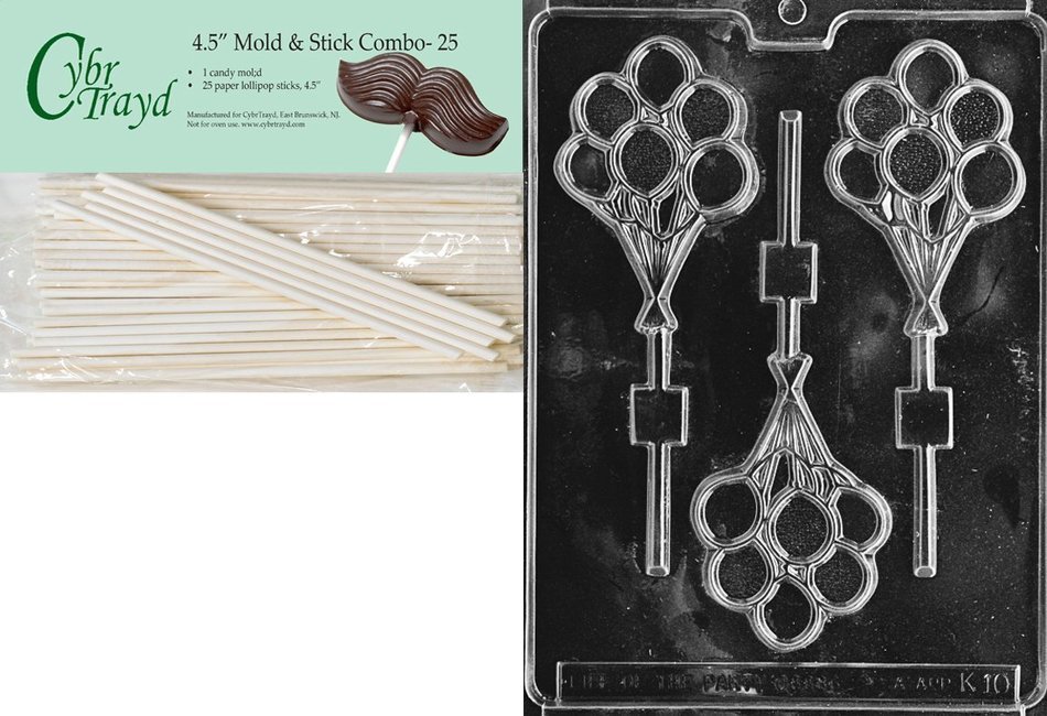 Cybrtrayd 45St25-K010 Bunch of Balloons Lolly Kids Chocolate Candy Mold with 25 Cybrtrayd 4.5-Inch Lollipop Sticks