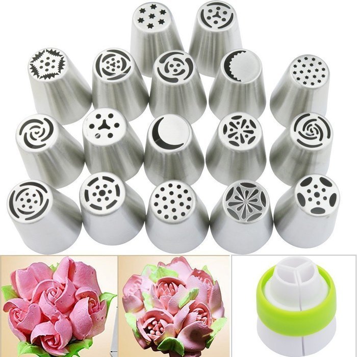 DDbest Russian Piping Tips 18 Pcs/SET - 17 Russian Tips+1 Tri-color Coupler - 304 Stainless Steel Large Size Icing... N5