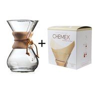 Chemex Classic Wood Collar and Tie Glass 6-Cup Coffee Maker with 100 Count Bonded Circle Coffee Filters N3