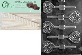 Cybrtrayd 45St50-V073 Love Birds Heart Lolly Valentine Chocolate Candy Mold with 50 4.5-Inch Lollipop Sticks