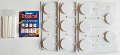 8H-5203-T 2 1/4" Round Sucker Hard Candy Mold Tropical Loran Oil Packet/Packet of 3 molds