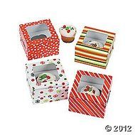 SET OF 12 STRIPED &amp; SNOWFLAKE CUPCAKE BOXES with Insert - 4 FUN DESIGNS - 4.5&quot; x 4.5&quot; x 3&quot;