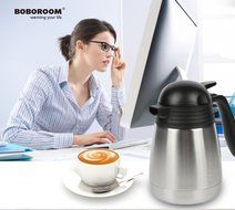 BOBOROOM 600ml Double Wall Vacuum Insulated 304 Stainless Steel Thermal Carafe / Coffee Pot, with Thumb Press... N8