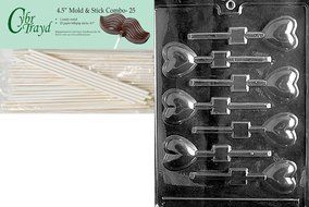 Cybrtrayd 45St25-V069 Small Heart Lolly Valentine Chocolate Candy Mold with 25 4.5-Inch Lollipop Sticks