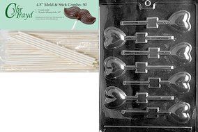 Cybrtrayd 45St50-V069 Small Heart Lolly Valentine Chocolate Candy Mold with 50 4.5-Inch Lollipop Sticks
