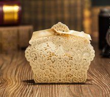 50pcs Laser Cut Soft Gold Candy Box Wedding Gift Box Wedding Party Favors Chocolate BOX W/ribbon