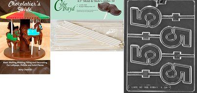 Cybrtrayd &#039;No. 5 Lolly&#039; Letters and Numbers Chocolate Candy Mold with 50 4.5-Inch Lollipop Sticks and Chocolatier&#039;s...