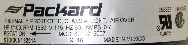 Packard Range Hood Vent Fan Motor 82514 N4