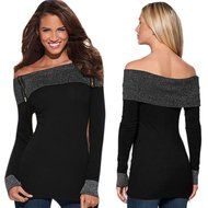 Women&#039;s Blouse,Laimeng Cotton Blended Fashion Casual Off Shoulder Zipper Long Sleeve Tank T-Shirt Tops Blouse... N6